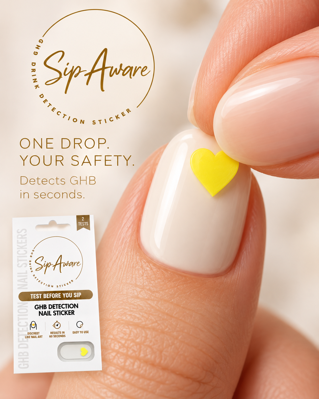 Sip Aware GHB detection nail sticker on nail
